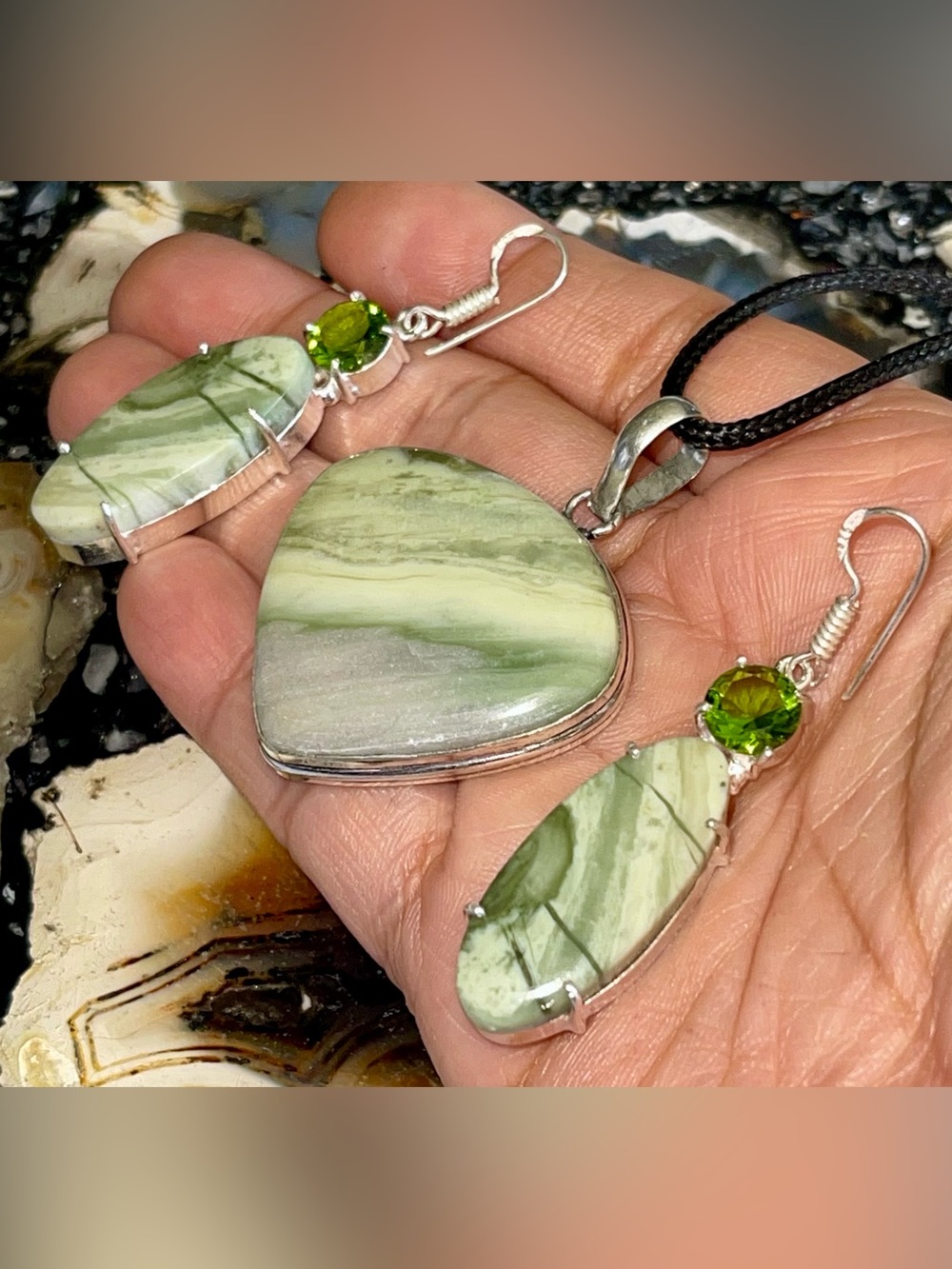 Green Larsonite Crystal Pendant & Earrings Set